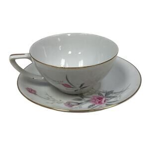 Vintage Golden Rose Flower Gold Rim Fine China Japan Teacup Saucer Set